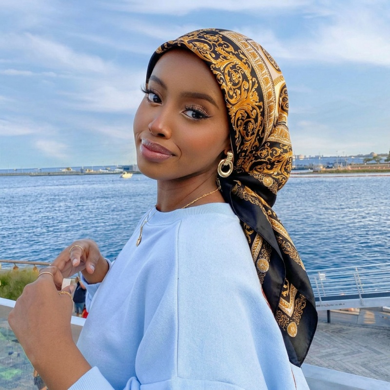 Vintage Fashion Hijab - وشاح نسائي مربع من الساتان بتصميم